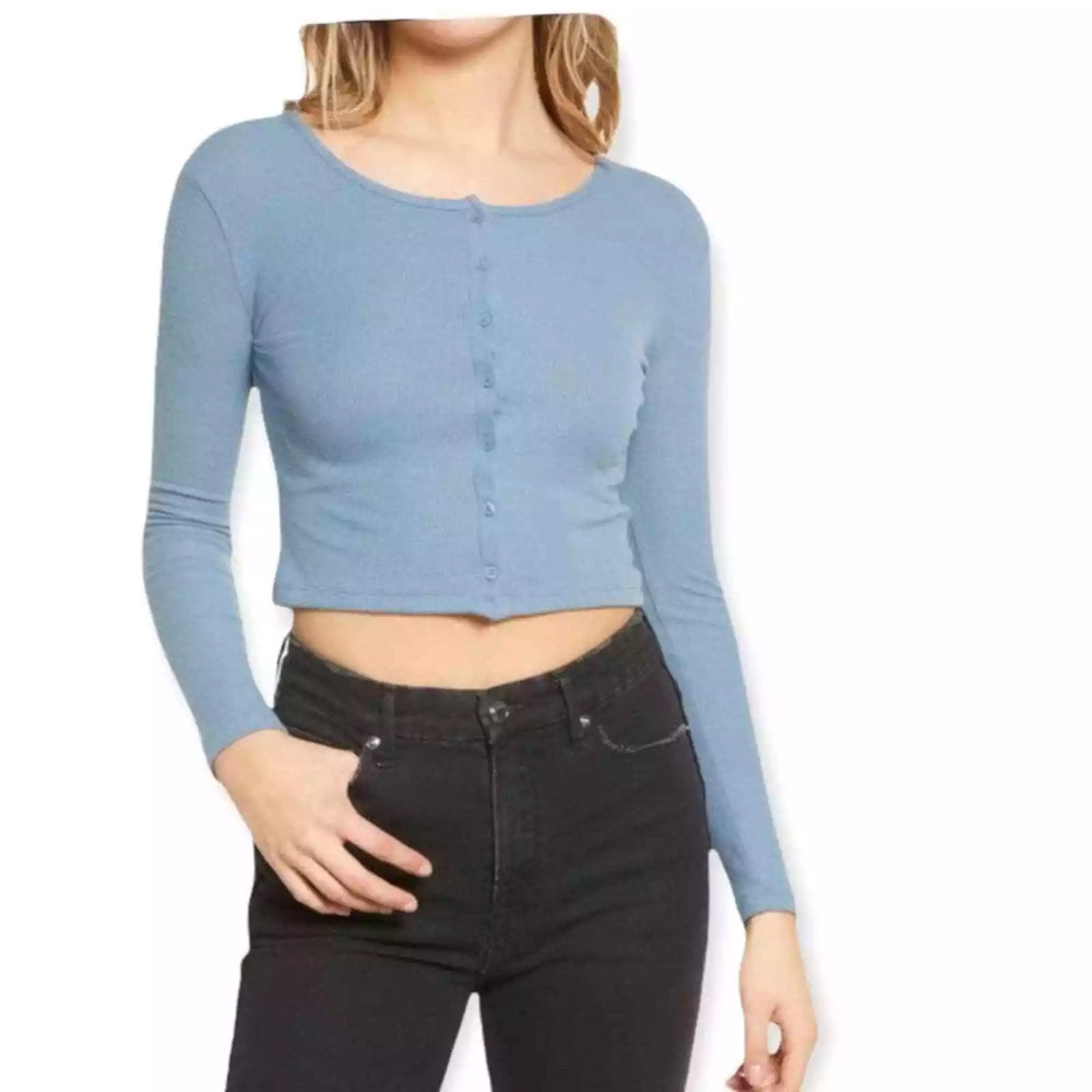 BP. Blue Button-Up Crop Top - Women's Large - Ribbed Knit Shirt